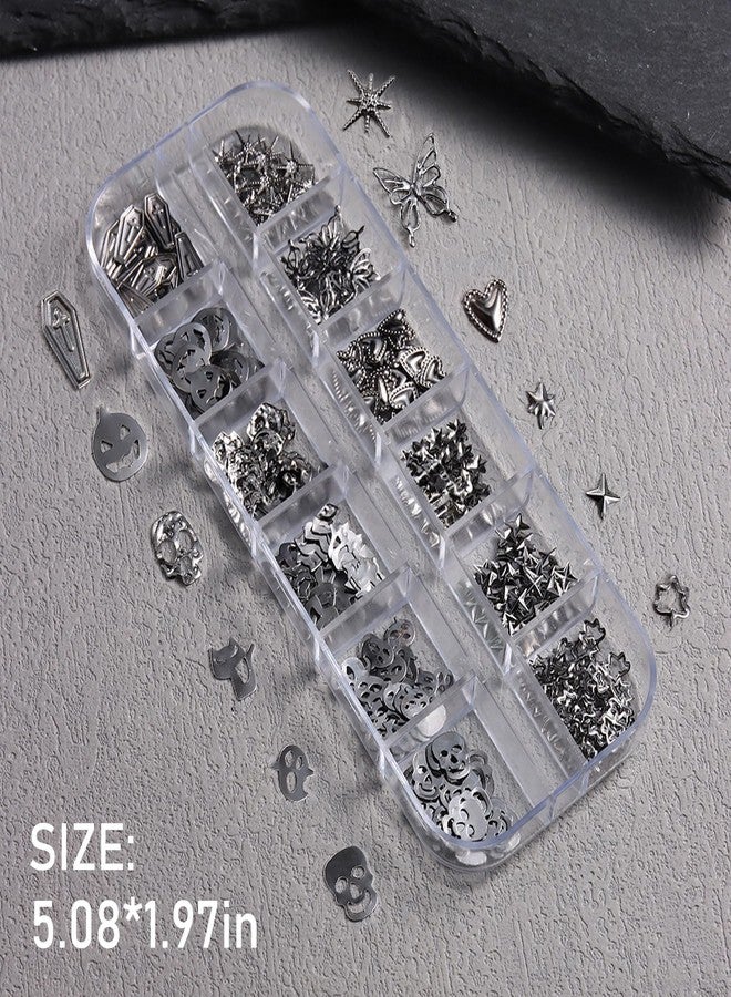 SILPECWEE 2 Boxes Halloween Nail Charms, 3d Punk Nail Charms and Rhinestones Gems, Skull Pumpkin Star Chains Nails Design Metal Cone Spike Rivet Stud Manicure Jewelry for DIY Decoration - Image 3